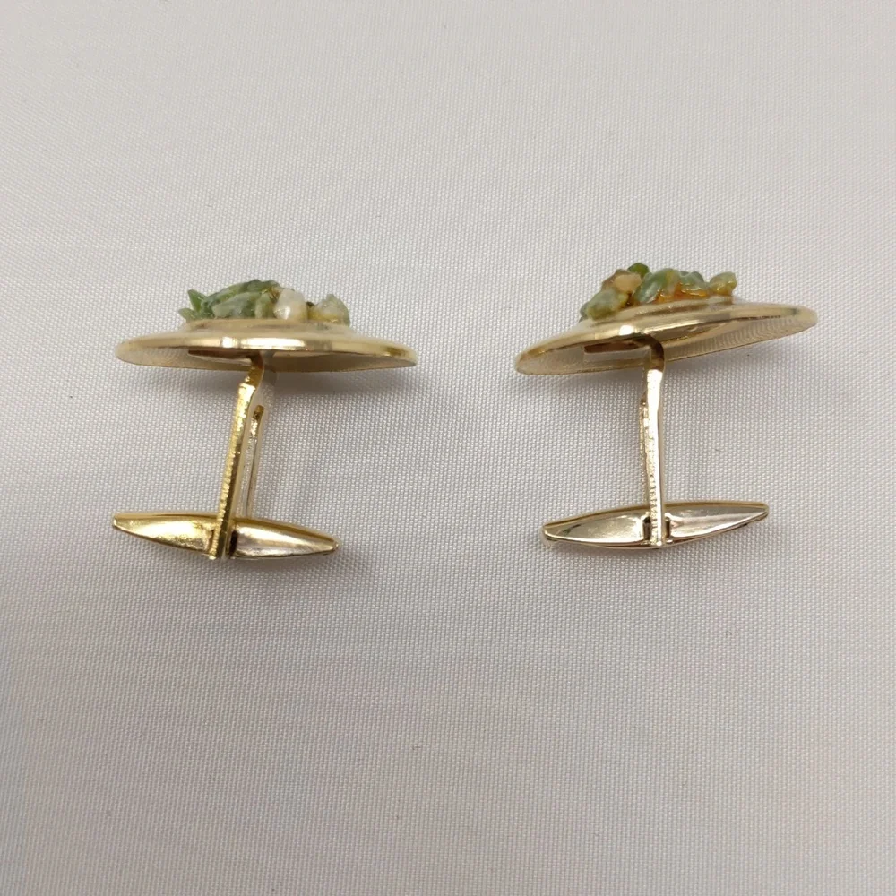 Cuff Links Gold Tone Textured Oval Shape Green Stones